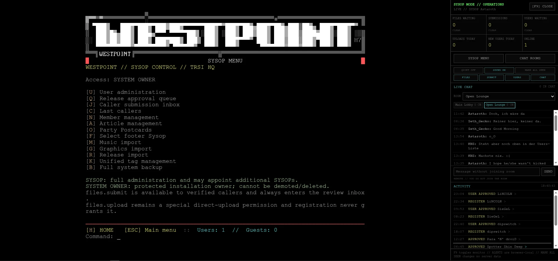 Sysop menu Westpoint